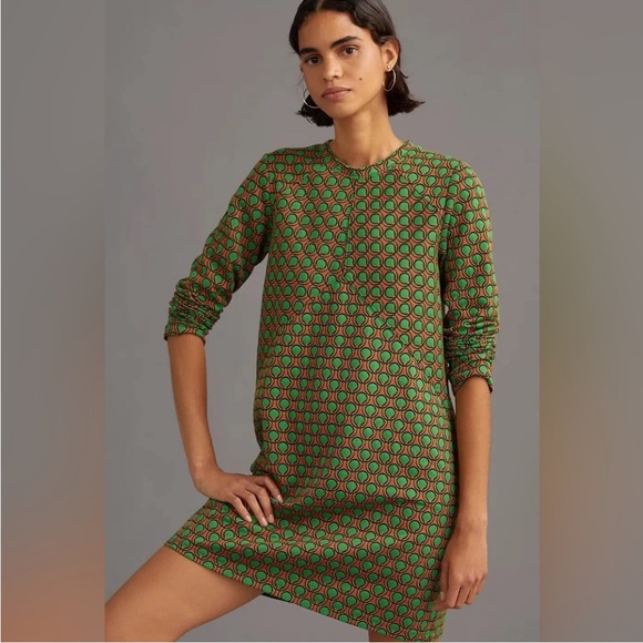 Maeve Anthropologie Green Geometric Textured Jacquard Retro 70’s Knit Dress M - Picture 1 of 15